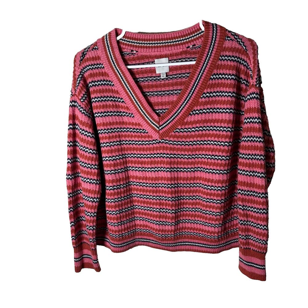 Nic + Zoe Sweater Women's Petite Large V-Neck Striped Long Sleeve Pullover Knit
